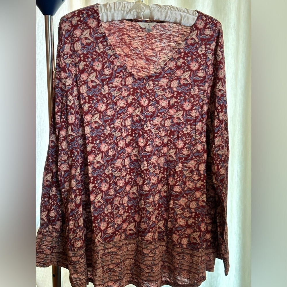 Lucky Brand V neck Long Sleeve Tunic Tee Shirt Burgundy Pink Floral 2X